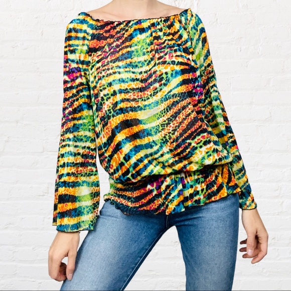 Mechant | Multicolor Lime Combo Animal Print Boat Neck Flare Bell Sleeve Blouse - Picture 1 of 8